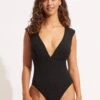 Second Wave V Neck One Piece - Black 2 Second Wave V Neck One Piece - Black -Bikini Sales Store 11086 968 Black 2