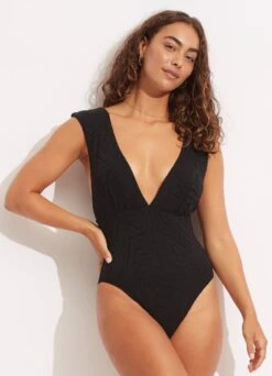 Second Wave V Neck One Piece - Black -Bikini Sales Store 11086 968 Black 4