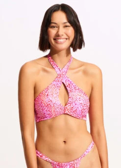 Sea Skin Cross Front Bra Bikini Top - Fuchsia Rose